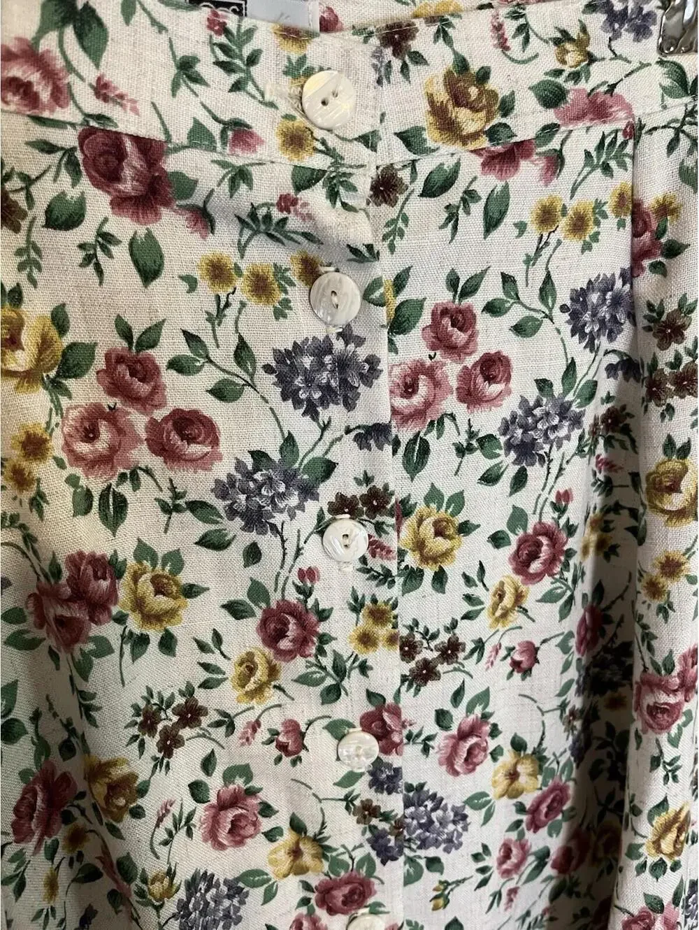 Vintage Christy Girl White Floral Button Down Midi Skirt Linen-blend  10 Teacher